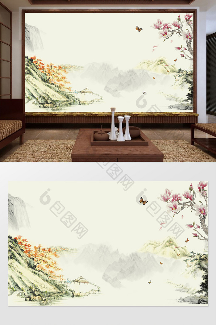 中式山水鸟语花香电视背景墙