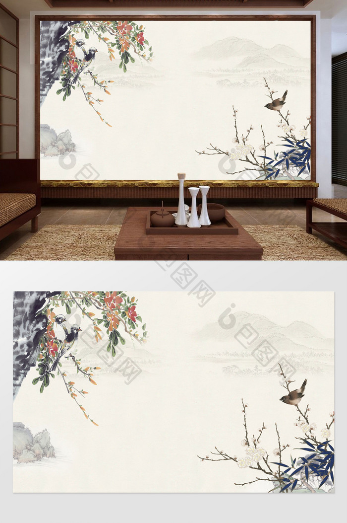 中式鸟语花香电视背景墙