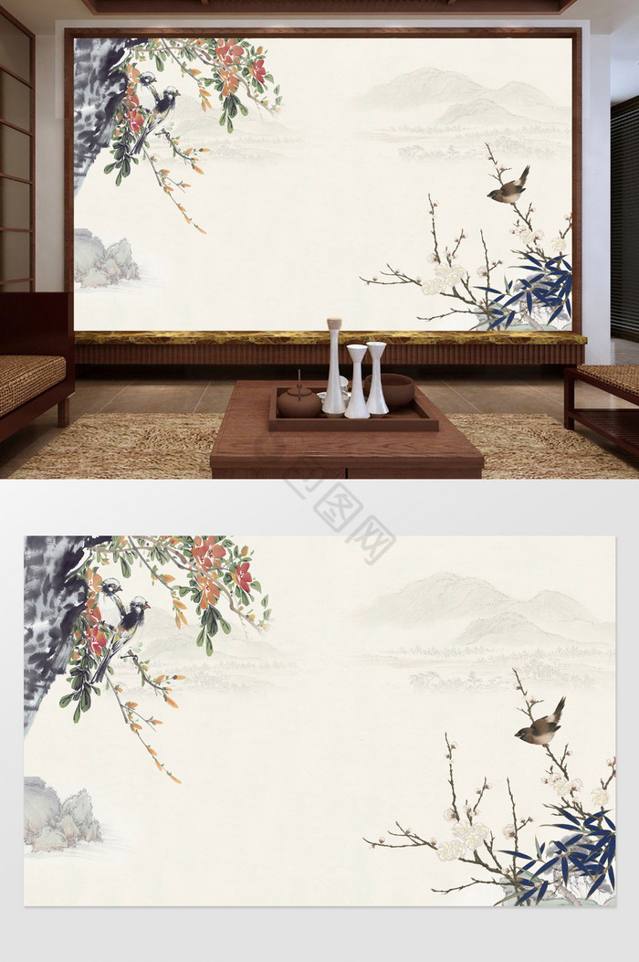 中式鸟语花香电视背景墙图片