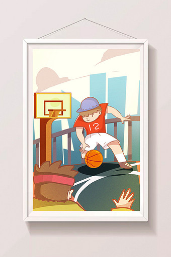 卡通风格儿童节运动打篮球锻炼身体漫画插画图片