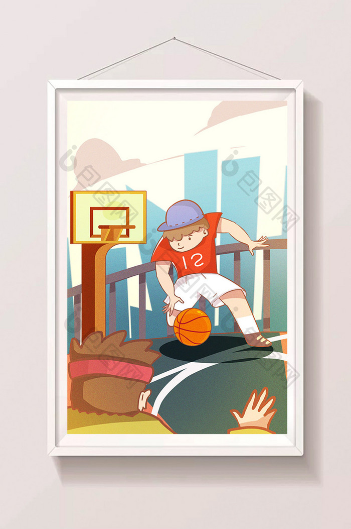 卡通风格儿童节运动打篮球锻炼身体漫画插画
