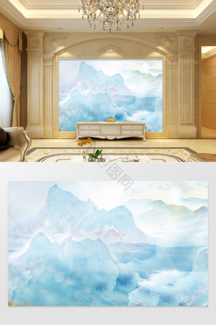 高清3D大理石纹山水花日出背景墙冰山日出图片