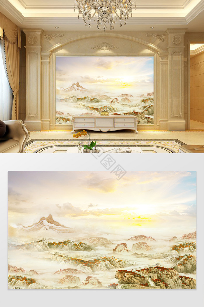 高清3D大理石纹山水花日出背景墙日光之美图片