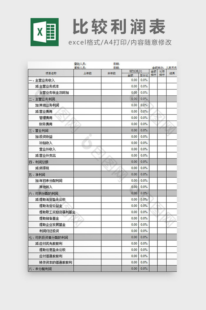 比较利润表excel模板