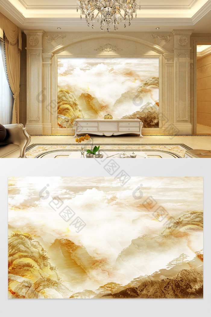 高清3D大理石纹山水花日出背景墙云海翻滚图片图片