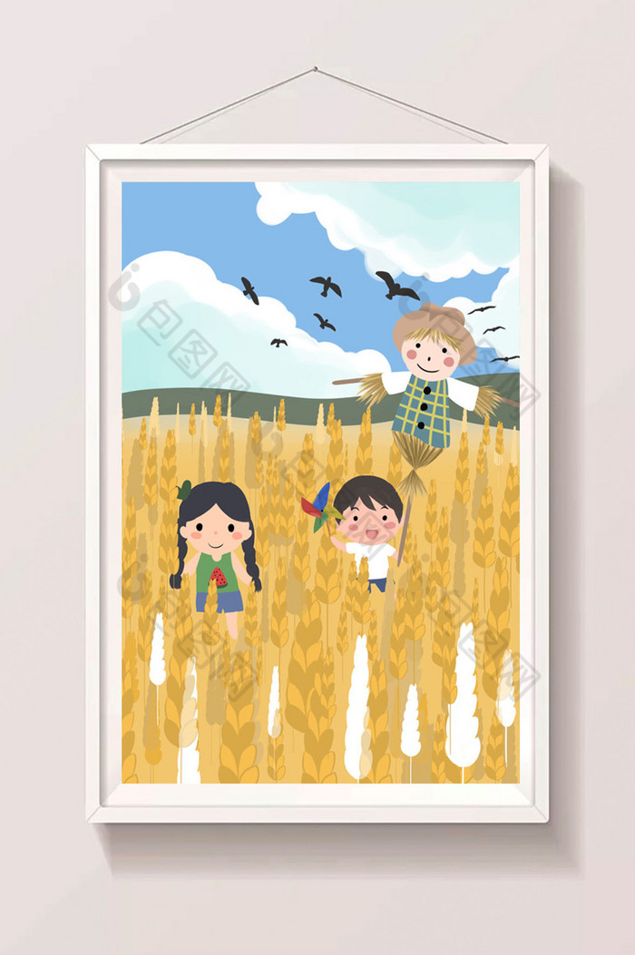 金色稻草人小孩麦田插画
