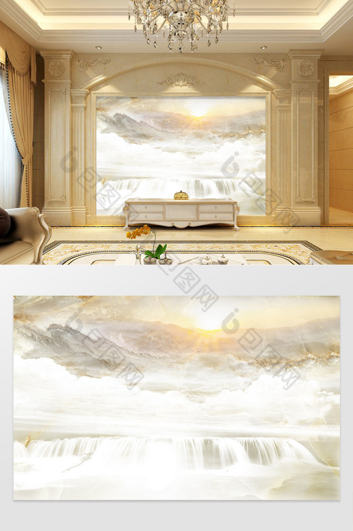 高清3D大理石纹山水花日出背景墙远山林歌图片图片