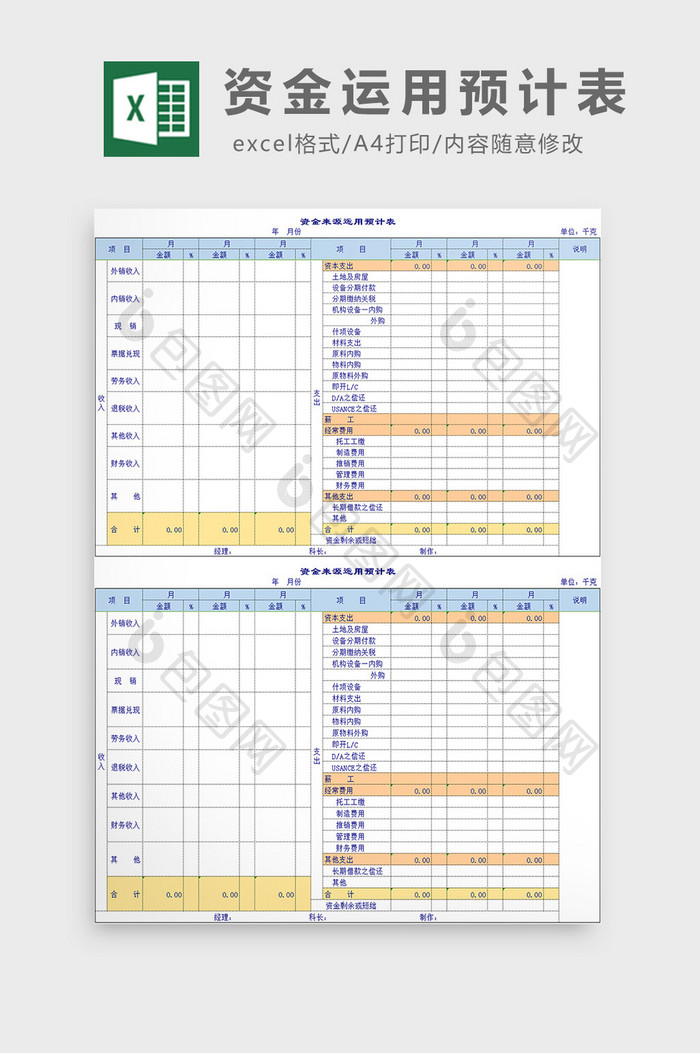 资金运用预计表excel模板