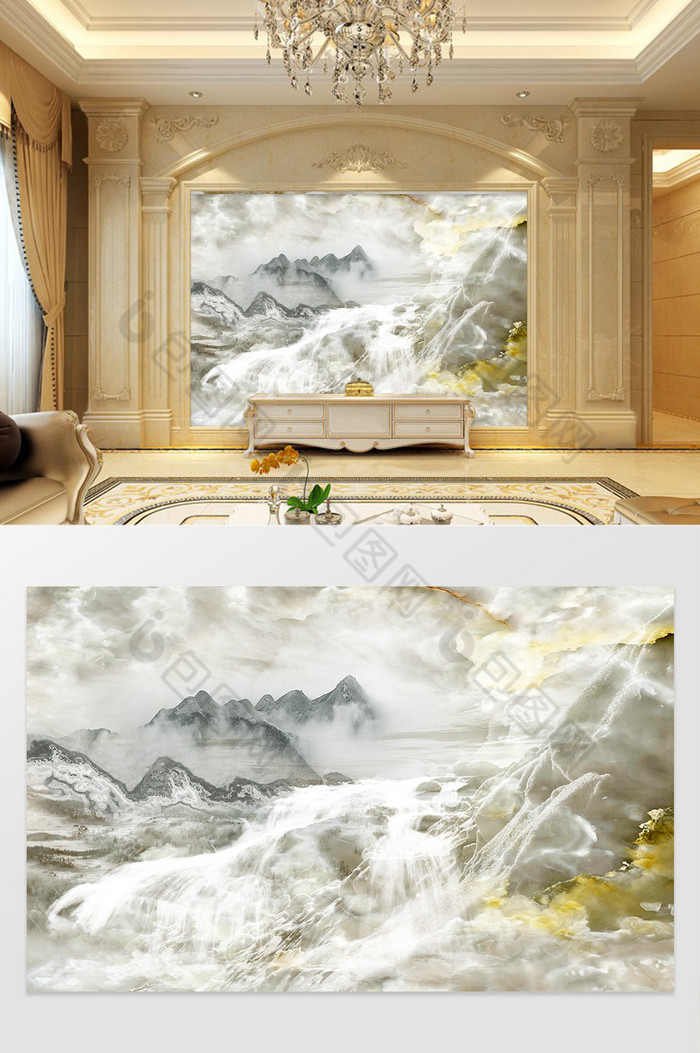高清3D大理石纹山水花日出背景墙灵山清水图片图片