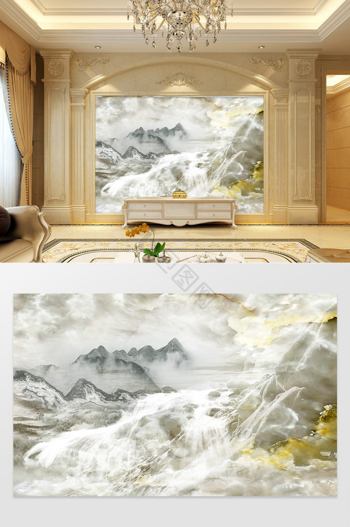 高清3D大理石纹山水花日出背景墙灵山清水图片