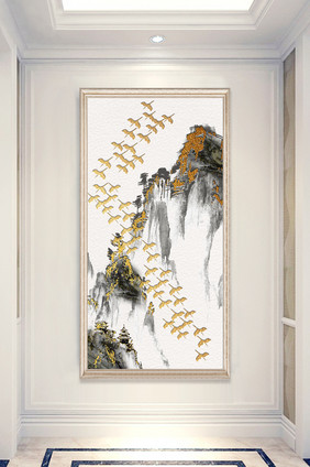 新中式金色山川飞鸟玄关装饰画