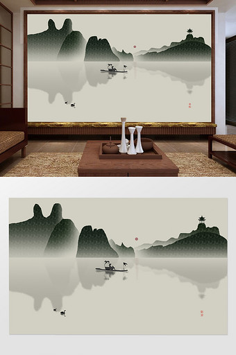 中国风极简创意意境山水简电视背景墙图片
