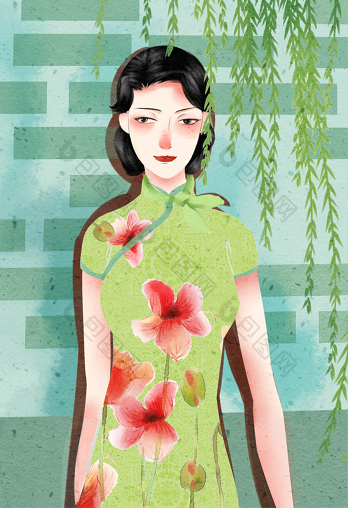 唯美中国风民国女性身着旗袍插画