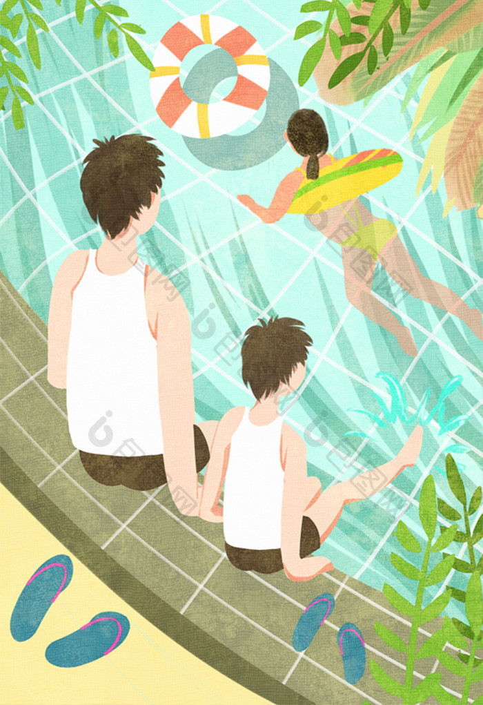清新卡通父亲节父子在游泳池插画