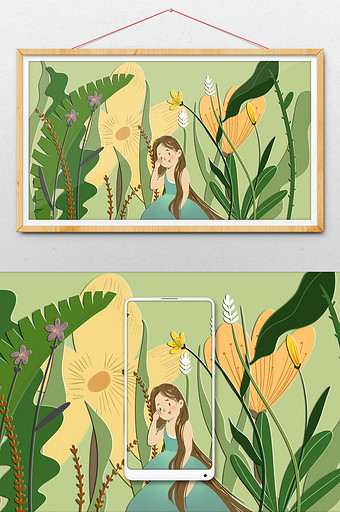 清新自然植物背景扁平剪纸风女生儿童节插画图片