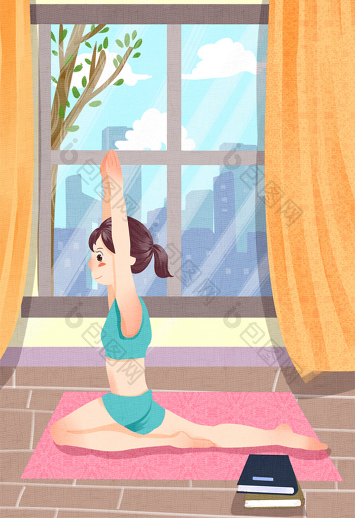 清新卡通可爱女性健康生活瑜伽插画