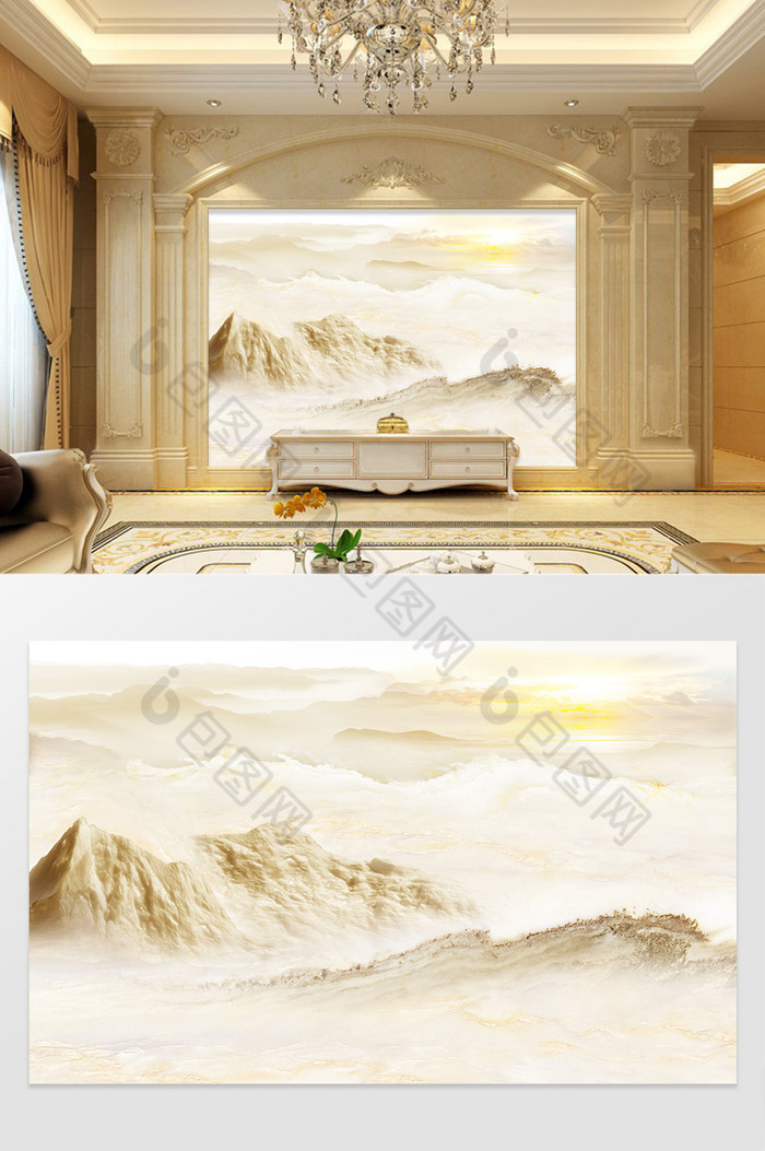 高清3D大理石纹山水花日出背景墙金色漫天图片图片