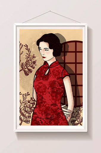 红色复古旗袍民国女人插画图片