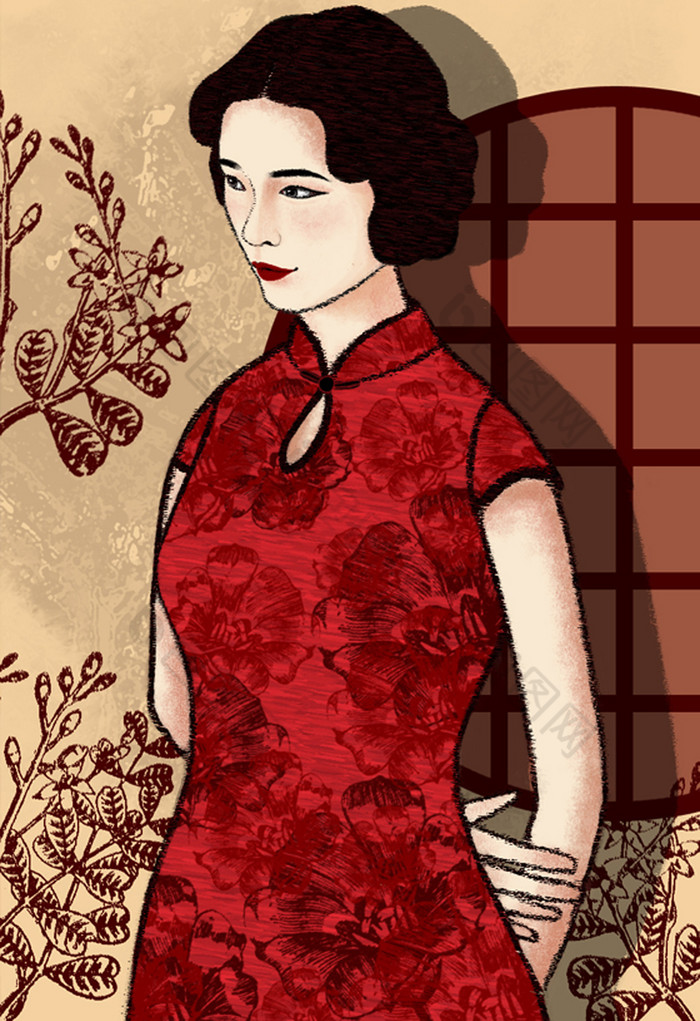 旗袍民国女人插画图片