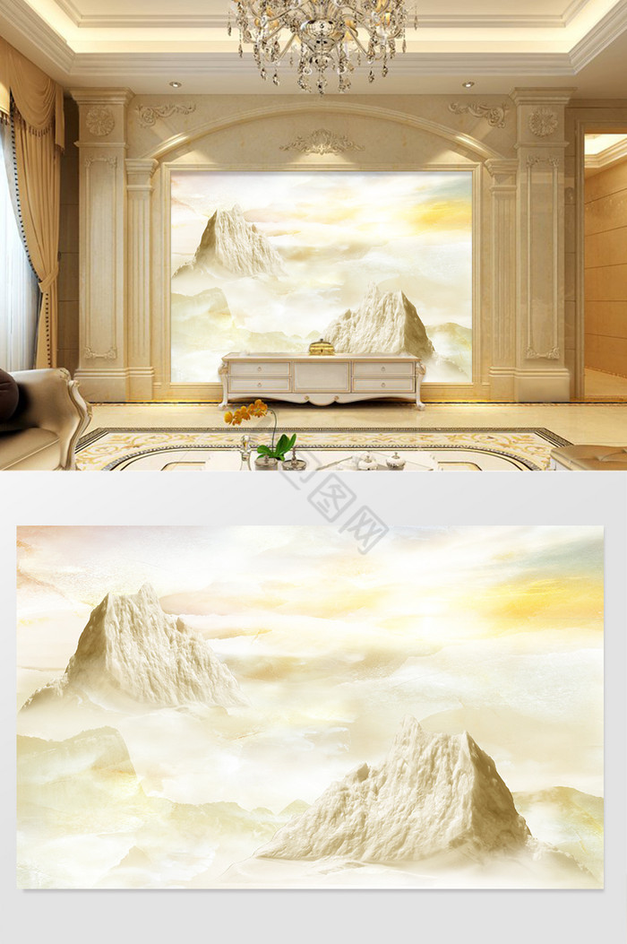 高清3D大理石纹山水花日出背景墙水运年华图片