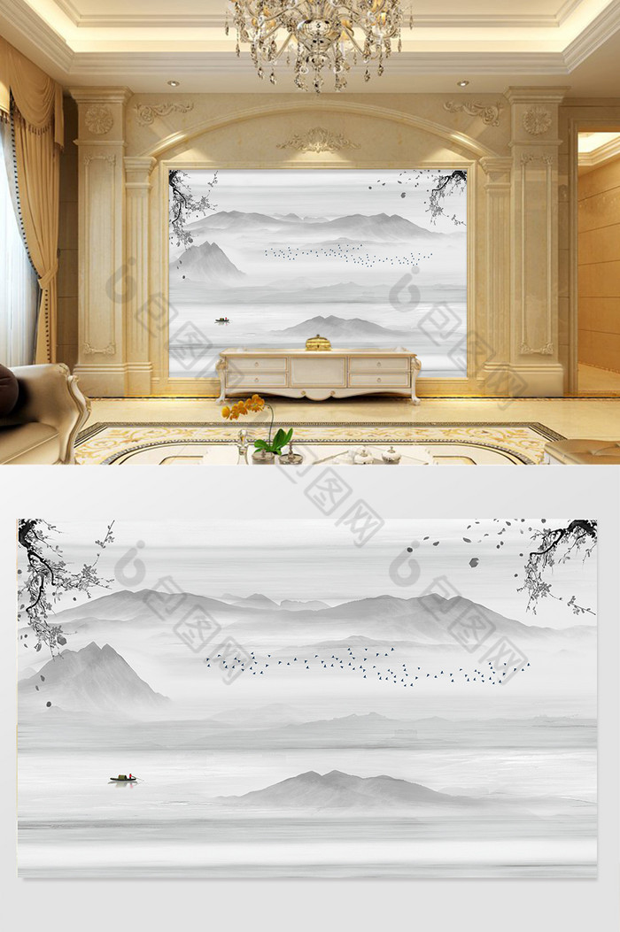 高清大理石纹山水日出背景墙新中式山水图片图片