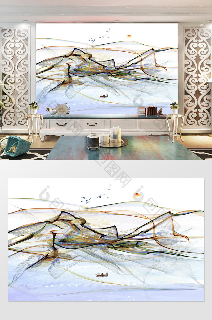 新中式禅意抽象山水背景墙图片图片
