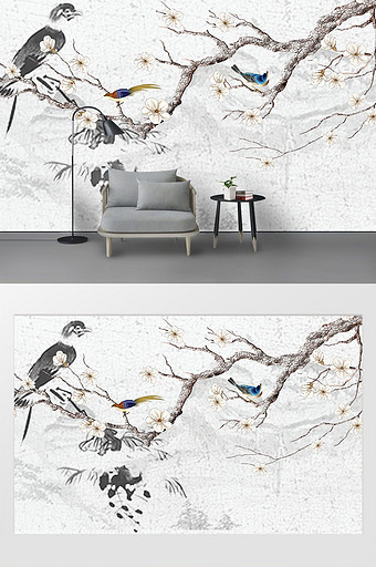 中式唯美花鸟山水电视背景墙设计图片
