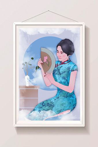 蓝色复古唯美民国旗袍美女插画图片