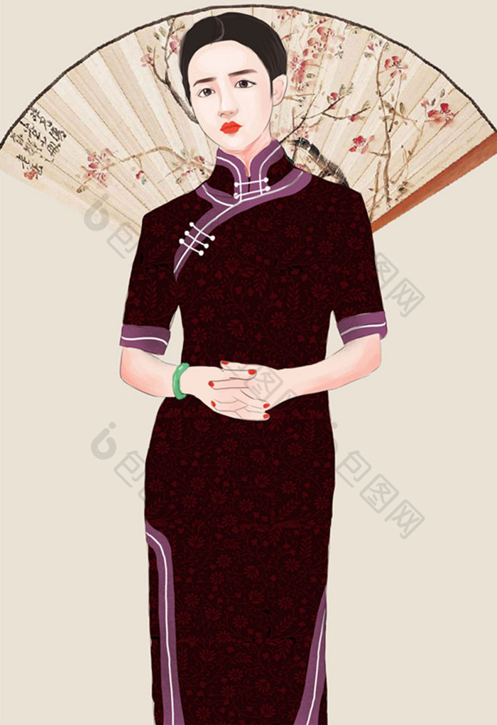 紫色中国风民国旗袍插画