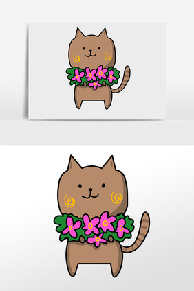 卡通猫送鲜花插画