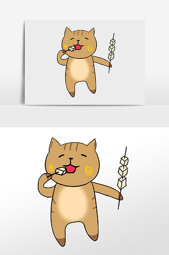 卡通猫吃食物插画图片