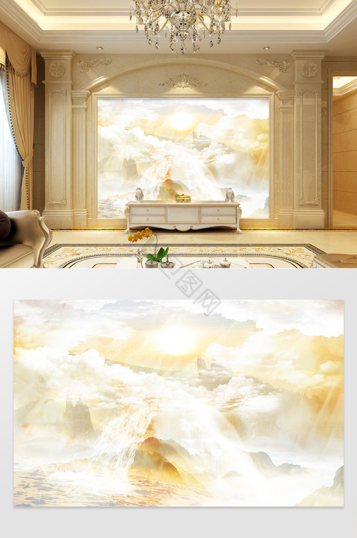高清3D大理石纹山水花日出背景墙溪瀑云天图片