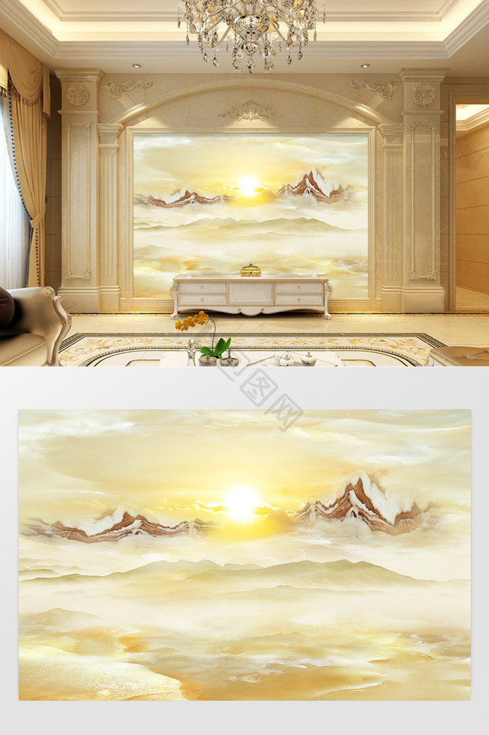 高清3D大理石纹山水日出背景墙日光之美图片