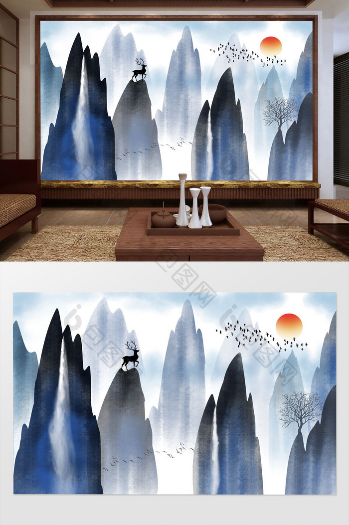新中式水墨抽象山水背景墙壁画