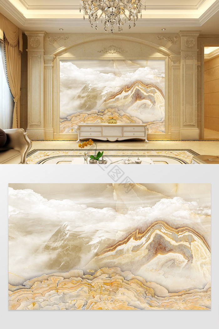 高清3D大理石纹山水花日出背景墙山顶风光图片