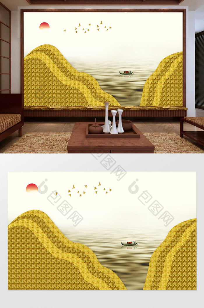 现代中式金色线条山水电视背景墙