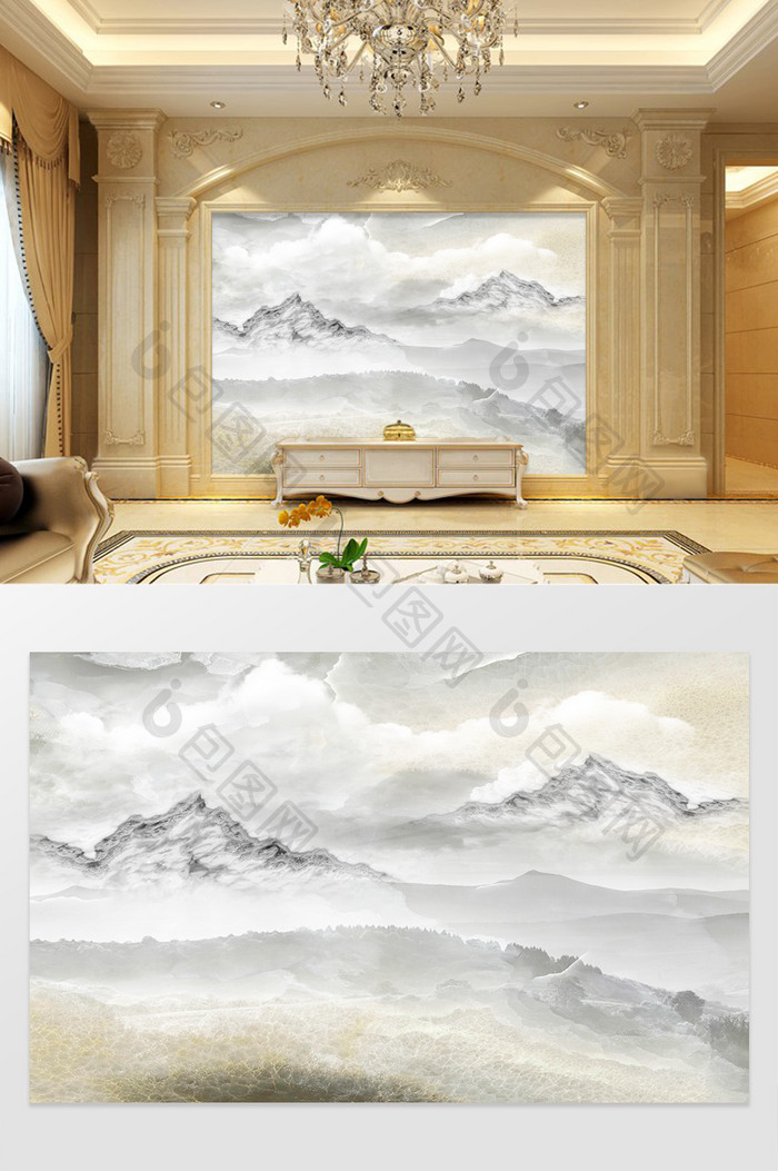 高清3D大理石纹山水花日出背景墙万里云山