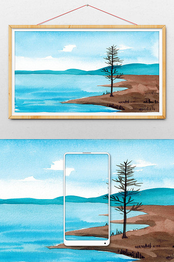 蓝色清新山水树木水彩手绘扁平背景图片