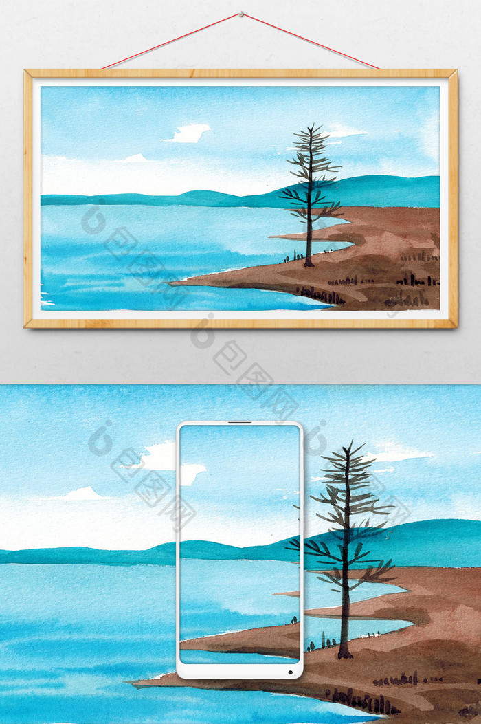 蓝色清新山水树木水彩手绘扁平背景