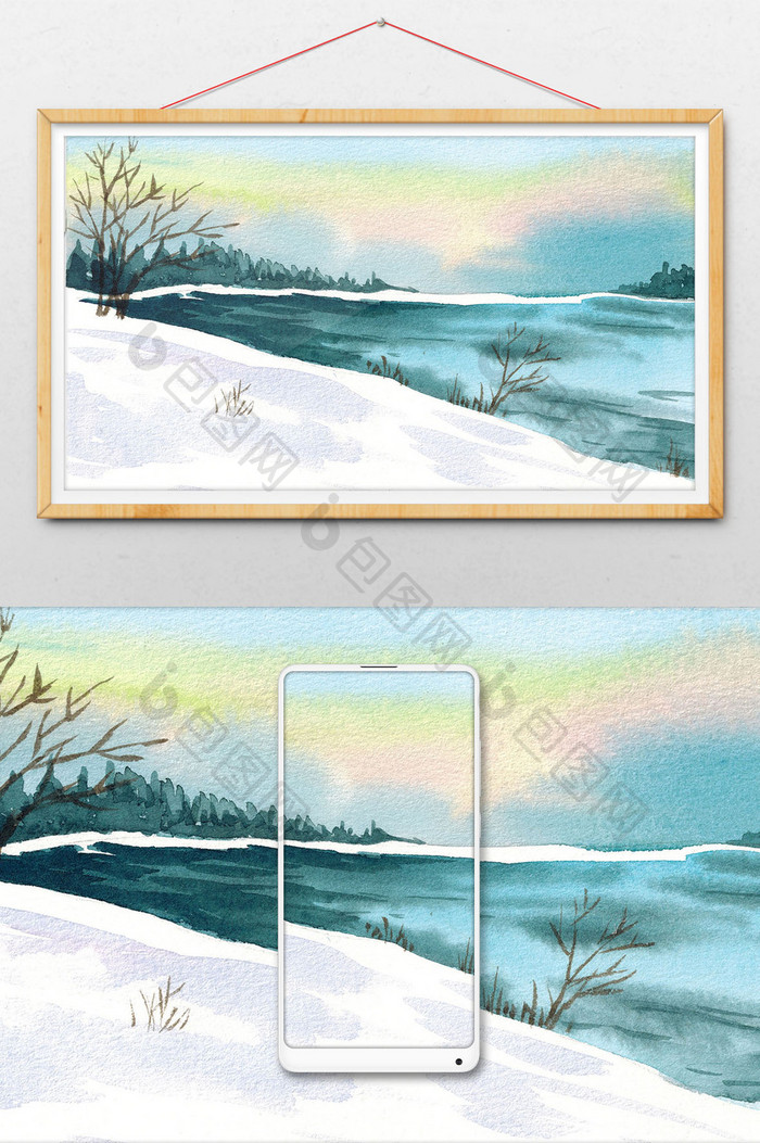 蓝色清新山水冬日大雪水彩手绘扁平背景素材