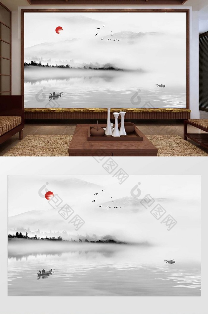 新中式水墨山水插画客厅背景墙图片图片