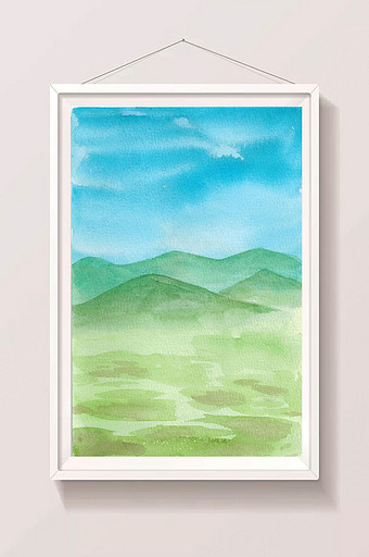 绿色远山清新山水水彩手绘扁平背景素材图片