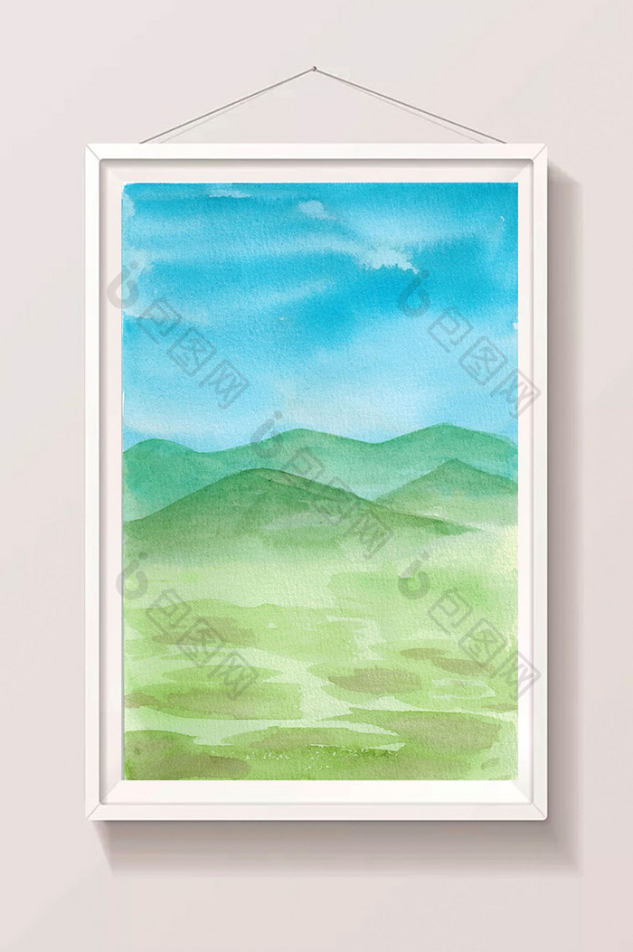 绿色远山清新山水水彩手绘扁平背景素材