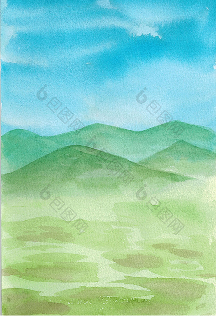 绿色远山清新山水水彩手绘扁平素材 图片下载 包图网