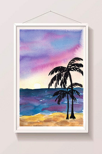 紫色清新山水水彩手绘扁平背景素材椰子树图片
