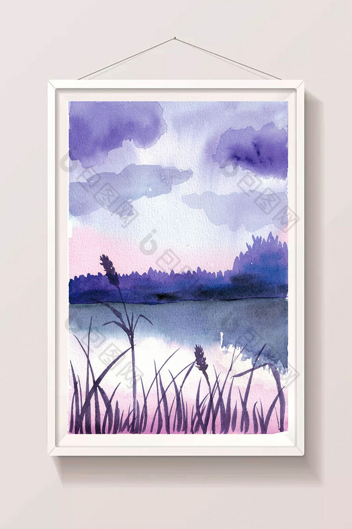 紫色水面芦苇清新山水水彩手绘扁平素材 图片下载 包图网