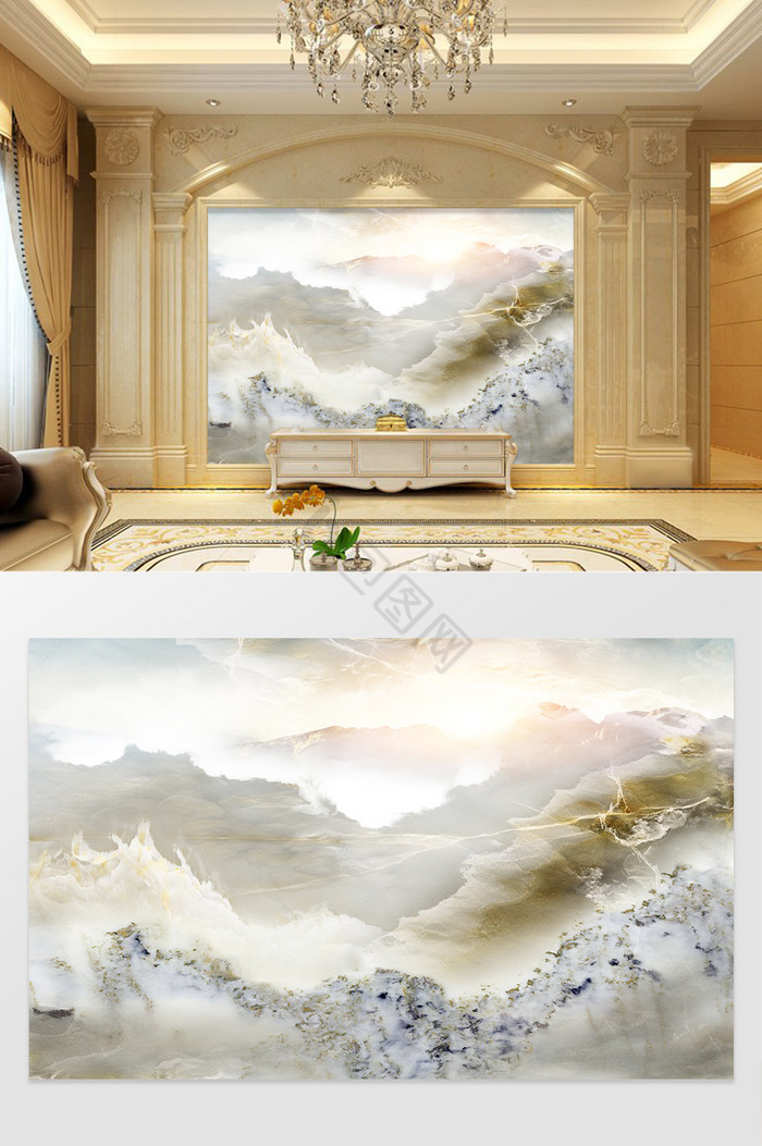 高清3D大理石纹山水花日出背景墙山河异象图片