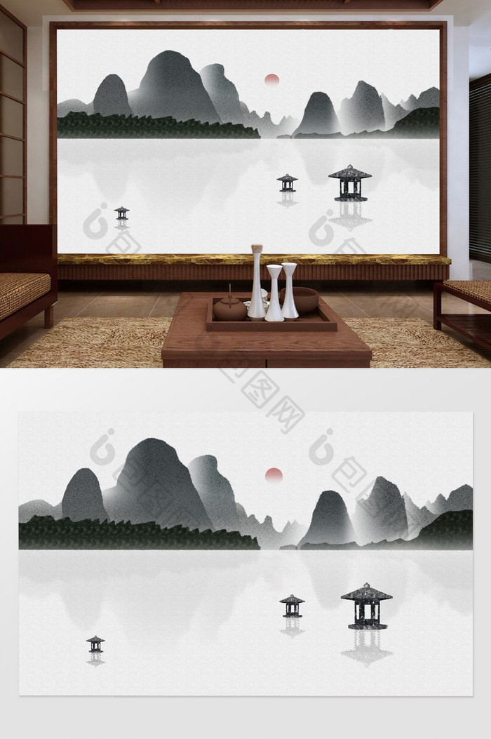 新中式水墨山水意境文化电视背景墙