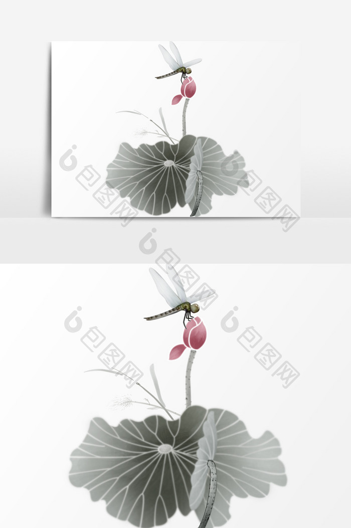 手绘中国风荷花蜻蜓元素