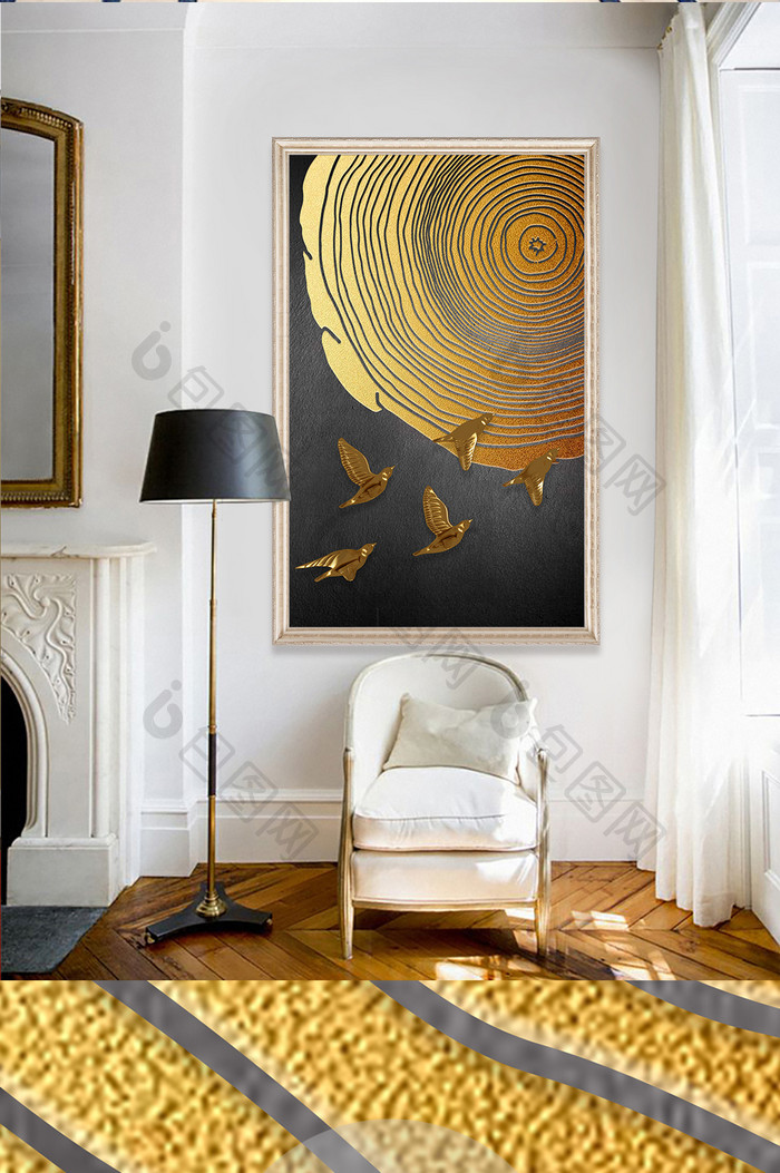 现代简约抽象金色线条飞鸟玄关装饰画
